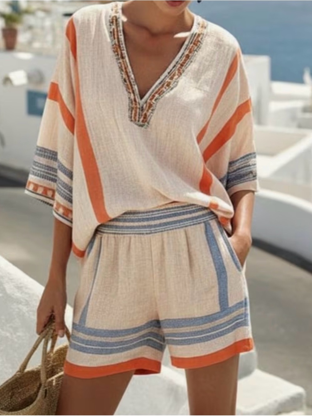 Casual Two-Piece Striped Short Set — Cream, Orange & Blue M